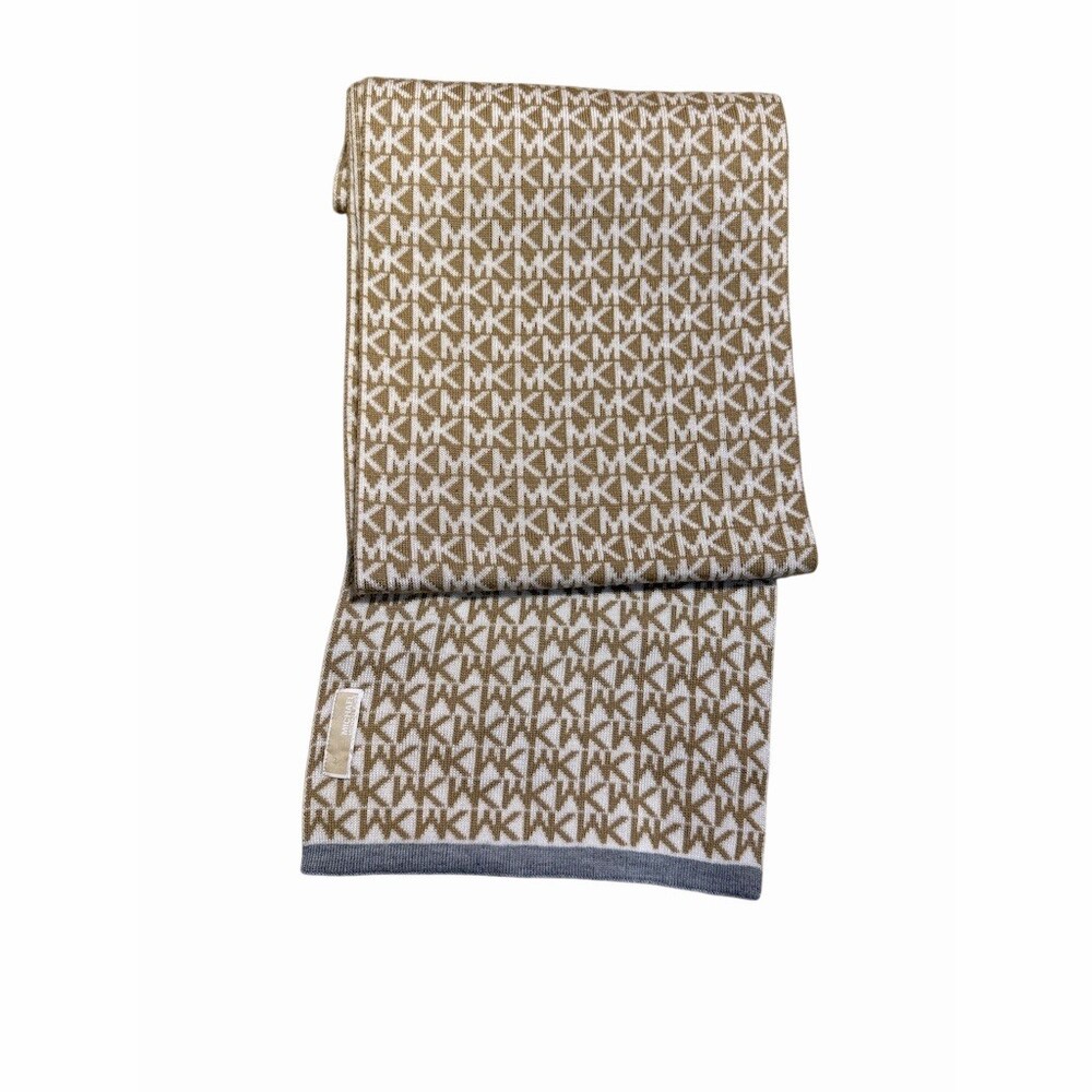 Michael Kors Knit Scarf Beige Cream Logo Monogram Gray Trim
